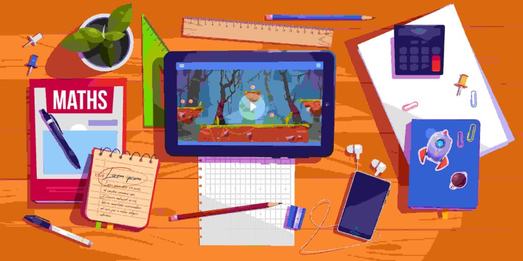 Student desk top view, teenager home workplace table with studying stationery tablet with computer game, textbooks, smartphone with headset, potted plant and calculator, Cartoon vector illustration