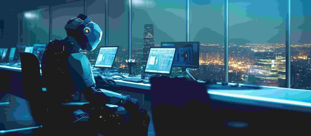 A robot working in a modern office with real people. Generative AI